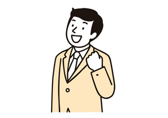ガッツポーズをする笑顔のビジネスマンのイラスト（線画・シンプル）