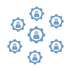 blue gear network graphic with human icons, symbolizing collaboration and connectivity