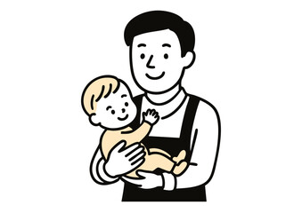 赤ちゃんを抱っこする男性・ベビーシッターのイラスト（線画・シンプル）