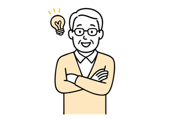 アイデアをひらめいたシニア男性のイラスト（電球・暮らしの知恵）