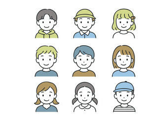 いろいろな子どもたちのアイコン風イラスト（男女・髪型・表情バリエーション）
