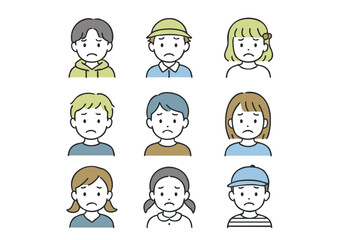 不機嫌な子どもたちのアイコン風イラスト（怒る・ふくれる・感情表現）