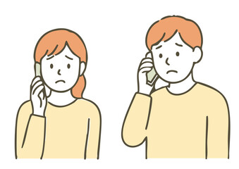 不安そうに電話をする若い男女のイラスト（連絡・トラブル・心配）