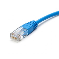 Computer network cable with RJ45 connector isolated on white background for technology and IT themes
