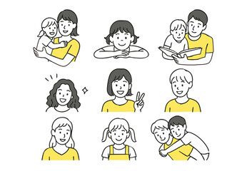 親子のふれあいや笑顔の子どもたちのイラストセット（育児・日常・家族）