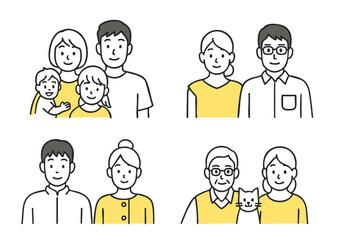いろいろな家族構成のイラストセット（核家族・シニア夫婦・若夫婦・ペット家族）