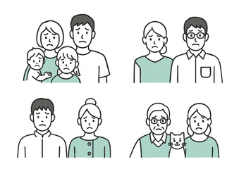 不満そうな表情をした家族のイラストセット（親子・夫婦・シニア・ペットと一緒）