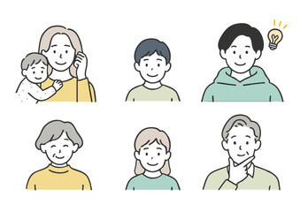 笑顔の人物アイコンセット（子どもからシニアまでの男女・多世代）