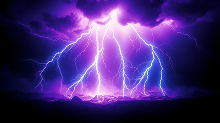 Intense purple & blue lightning bolts clashing on a dark void, creating vibrant energy, cosmic, flash