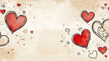 Valentine's Day grunge background with hand drawn hearts and dog inside heart