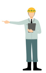 Simple illustration of a man supervisor wearing a helmet take the clipboard and point into the distance