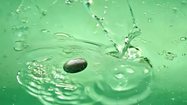 Super slow motion video of small silver hematite pebbles dropping into water, isolated on green background
