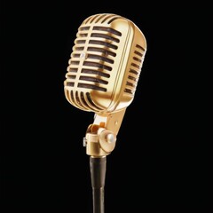 Fototapeta premium Vintage Gold Microphone CloseUp on Black Background