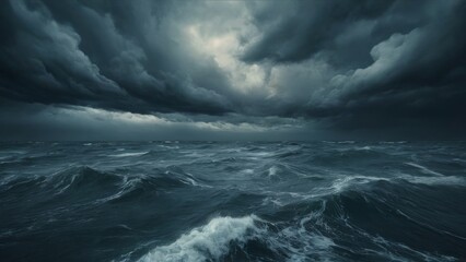 Fototapeta premium Stormy Seascape: Dark Ominous Clouds Covering Horizon with Choppy Water and Dramatic Atmosphere
