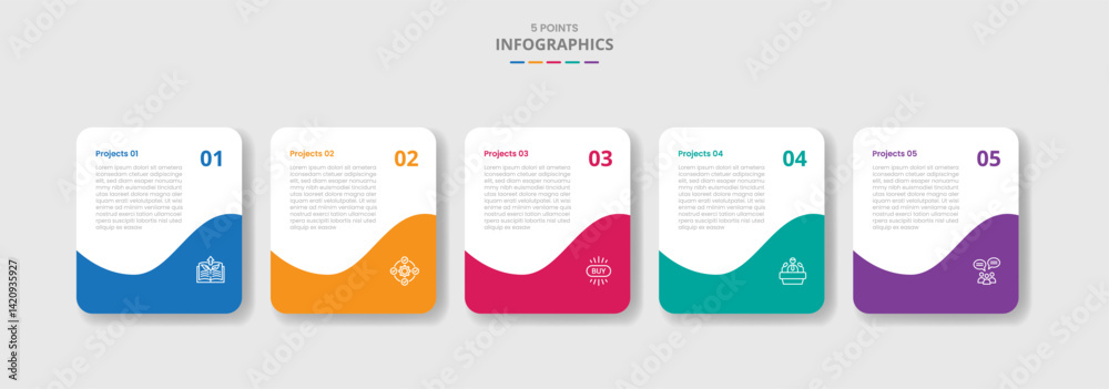 Poster 5 points template infographic with box container with swirl bottom accessories with drop shadow styl