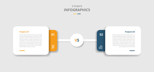 2 points comparison versus for infographic with round rectangle stacked layer with circle center connection with drop shadow with two point list information