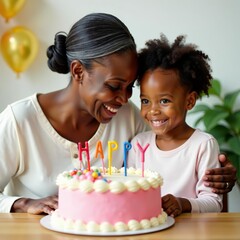 Loving African American grandmother and granddaughter celebrating birthday with colorful cake, generations, joy