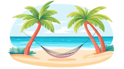 Relaxing Beach Scene with Palm Trees and Hammock by the Ocean
