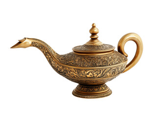 Fototapeta premium Ornate golden genie lamp radiating mystique against a stark black background