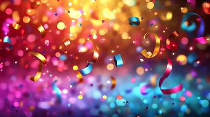 Confetti and ribbons falling on a colorful background, an illustration with a bokeh effect