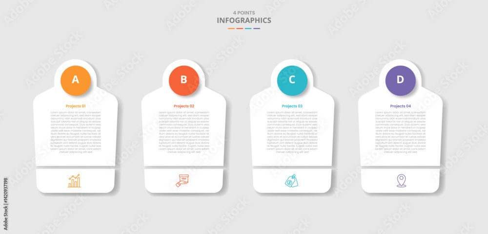 Poster 4 points template infographic with creative box with circle on top and slice bottom box with drop sh