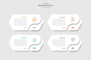 4 points template infographic with long hexagon shape with swirl curve slice at bottom with drop shadow style with four stage list information