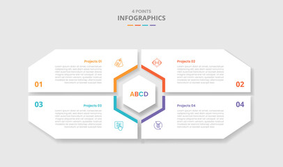 4 points template infographic with big matrix shape with hexagon center with drop shadow style with four stage list information