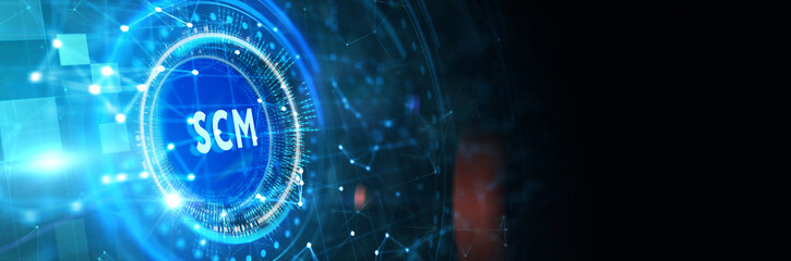 SCM - Supply Chain Management.  Supply Chain Management SCM. Aspects of Modern Company Logistics Processes. 3d illustration