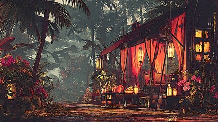 Obraz premium A serene jungle scene featuring a cozy tent with lanterns and vibrant flowers.