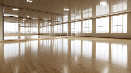 Sunlit dance studio interior with expansive mirror and polished wood floor