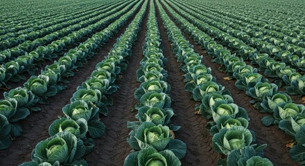 Fototapeta premium Cabbage Field Rows Green Vegetable Farming