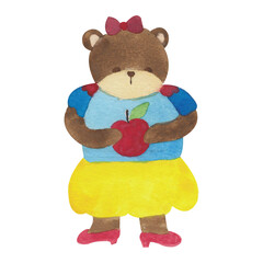 Adorable Bear in Snow White Costume Holding Apple – Watercolor Fairytale Illustration