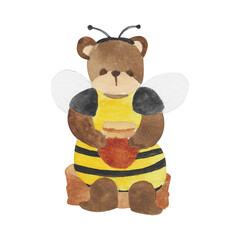 Cute Bear in Bumblebee Costume with Honey Jar – Watercolor Animal Illustration