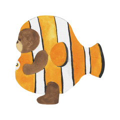 Cute Bear in Clownfish Costume Watercolor Illustration