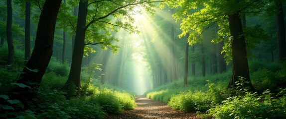 Naklejka premium Expansive Lush Green Forests: High-Resolution Nature Photography with Dynamic Lighting, Refined Foliage, and Serene Ecosystem Imagery for Photo Stock