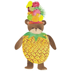 Cute Pineapple Bear with Tropical Fruit Hat Watercolor Illustration