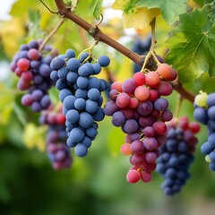 Fresh Bunch of Colorful Grapes Hanging on a Vine Surrounded by Green Leaves in a Vineyard Setting