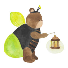 Cute Watercolor Bear in Bumblebee Costume Holding Lantern
