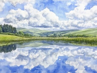 Skys mirror Watercolor reflection of clouds on a serene lake by a lush valley