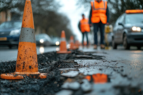 A Road repair crew fixing pothole on busy street with traffic cones and safety barriers in place