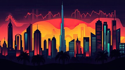 Futuristic city skyline with vibrant colors and financial data overlay