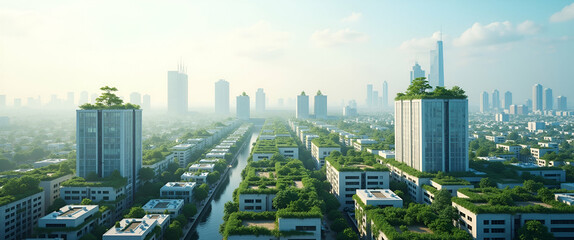 Fototapeta premium Photo realistic as Overhead view of a city with water efficient systems and green rooftops symbolizing sustainable water management in double exposure with copy space. concept as An overhead view of a