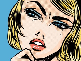 怪しげに何かを疑う表情の60年代アメコミ風の金髪美女