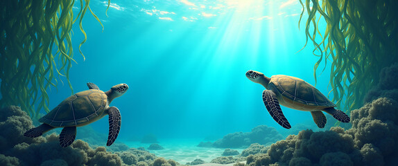 Seaweed and sea turtles border frame with ocean health copy space for World Oceans Day concept as Flowing seaweed and serene sea turtles framing ocean health space for World Oceans Day greetings in  P