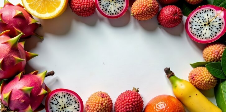 Overhead shot of assorted exotic fruits like dragon fruit, passion fruit, and lychee laid out on table, dragon fruit, fruit