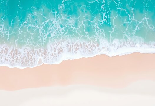 Overhead view of pristine white sand beach meeting turquoise ocean waves with gentle foam, travel, sunny