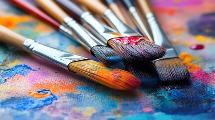 Fototapeta premium Assortment of Paintbrushes Resting on a Vibrant Canvas with Colourful Splashes