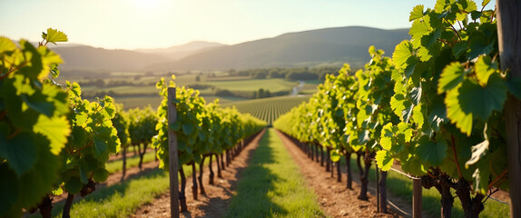 Fototapeta premium Discover refined vineyard tours in spring offering scenic wine country landscapes lush vines and cultural elegance ideal for commercial photo stock in Photo Stock Concept and empty space on the lef