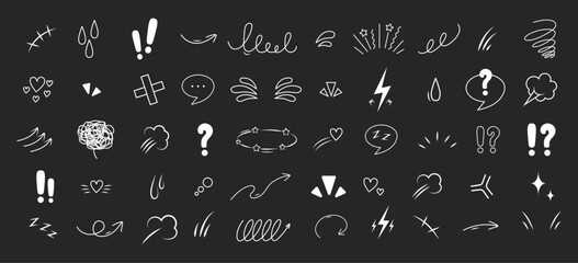 Anime Emotion effect icons. Collection of hand drawn arrows, lines, emphasis, sparkle or sunburst. Vector illustration.
