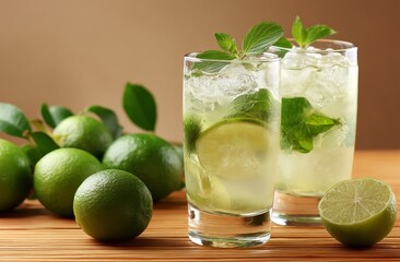 Fototapeta premium Refreshing Lime and Mint Drink Recipe: Iced Beverage with Zesty Citrus and Cooling Herbs, Perfect Summer Cooler